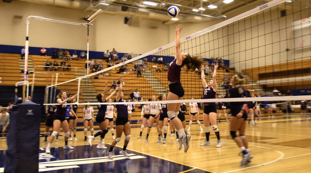An opposite hitter attempts a block in a volleyball match