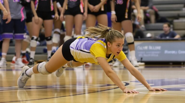 What Does a Libero Do in Volleyball? (Simple Guide for Parents) 10 A volleyball libero diving for a volleyball during an indoor match