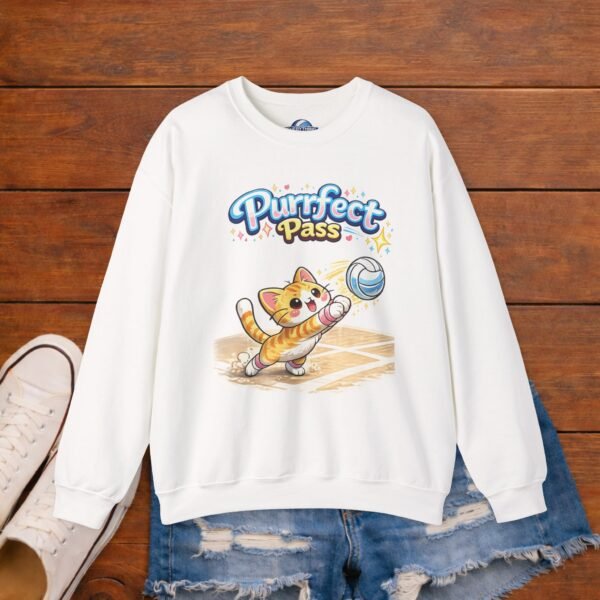 Purrfect Pass Cat Volleyball Crewneck Sweatshirt | Cute Volleyball Cat Sweatshirt