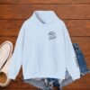 Light Blue Gildan 18500 hoodie flat lay with minimalist volleyball mama chest print