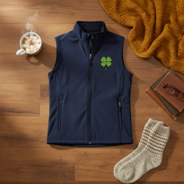 Navy soft shell vest flat lay with embroidered clover styled with casual accessories on wood surface