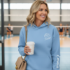 Personalized Volleyball Mama Hoodie with Name on Sleeve Woman Model