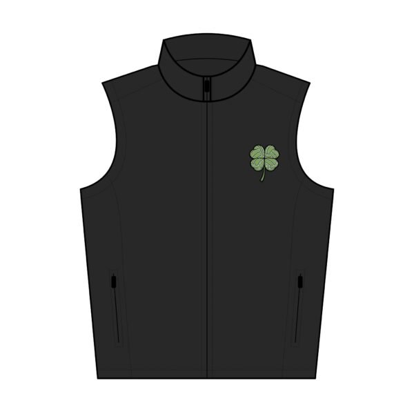 Black soft shell vest with green four-leaf clover embroidery on left chest and zip pockets