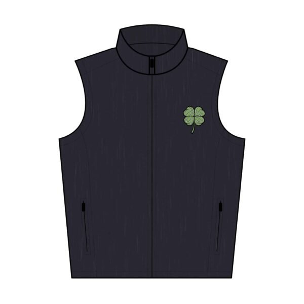 Black charcoal heather soft shell vest showing green four-leaf clover embroidery on chest
