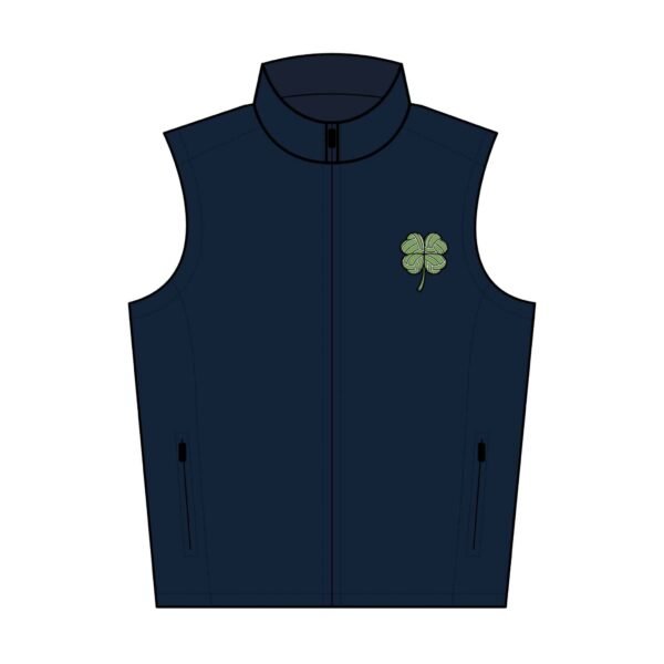Dress blue navy soft shell vest with embroidered green four-leaf clover on left chest