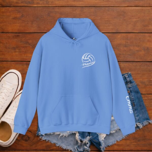 Carolina Blue Gildan 18500 hoodie flat lay with minimalist volleyball mama chest print