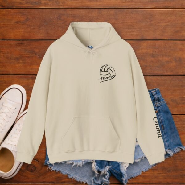 Sand Gildan 18500 hoodie flat lay with minimalist volleyball mama chest print