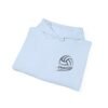 Close-up of volleyball mama chest design on hoodie with clean line-art volleyball