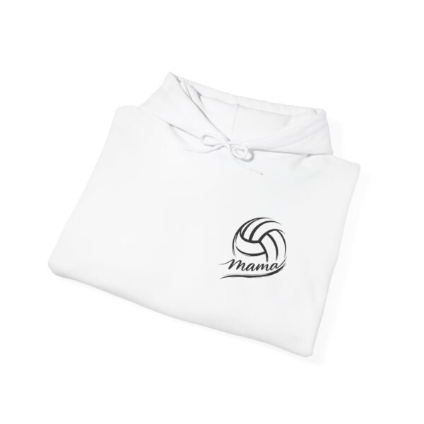 Close-up of volleyball mama chest design on hoodie with clean line-art volleyball