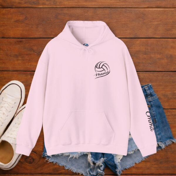Light Pink Gildan 18500 hoodie flat lay with minimalist volleyball mama chest print